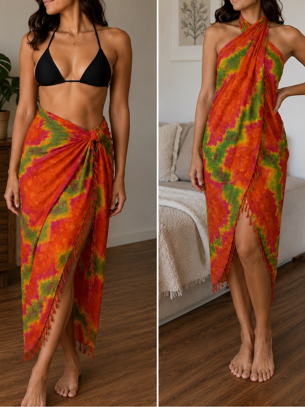 Tie-Dye Orange Multicolor Beach Sarong Wrap - Women's Swim Cover-Up